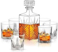Bormioli Rocco Selecta 7-Piece Whiskey Gift Set, Standard Packaging | Italian Glass Drinkware with Etched Starburst, 1 Decanter & 6 Matching Glasses, Diamond Stopper for Whiskey or Spirits
