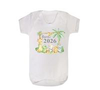 Born 2026 Baby Vest, White Safari Animal Theme with Giraffe, Dinosaur, Elephant, Lion and Koala Print