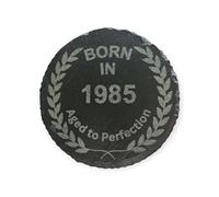 Born in 1985 Aged to Perfection Round Slate Coaster - Funny Birthday Gift for Him or Her - Natural Stone Drink Mat - 40th Birthday Present - Made in UK