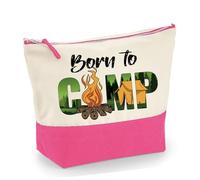 Born to Camp Adventure, Camping Lover, Outdoor Nature, Campfire Forest Tent Travel Enthusiast, Makeup Bag, Canvas Accessory Bag. (Natural True Pink, L)