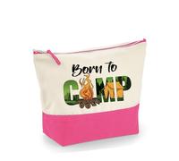 Born to Camp Adventure, Camping Lover, Outdoor Nature, Campfire Forest Tent Travel Enthusiast, Makeup Bag, Canvas Accessory Bag. (Natural True Pink, M)