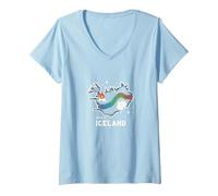 Born to Explore Iceland Adventure Northern Lights Graphic V-Neck T-Shirt, Women, Baby Blue, XXL