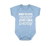 Born to Love Cricket Just Like Daddy Baby Bodysuit, White and Blue Cotton, Novelty Fan Design, Short Sleeve (Blue, 3-6 months)
