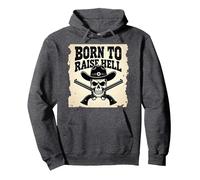 Born to Raise Hell: Cowboy Skull Outlaw Rebel Attitude Pullover Hoodie, Adult Unisex, Dark Heather Grey, XXL
