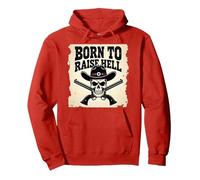 Born to Raise Hell: Cowboy Skull Outlaw Rebel Attitude Pullover Hoodie, Adult Unisex, Red, L