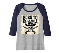 Born to Raise Hell: Cowboy Skull Outlaw Rebel Attitude Raglan Baseball Tee, Women, Navy/Athletic Heather, XL