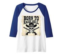 Born to Raise Hell: Cowboy Skull Outlaw Rebel Attitude Raglan Baseball Tee, Women, Royal Blue/White, S