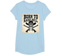 Born to Raise Hell: Cowboy Skull Outlaw Rebel Attitude T-Shirt, Girls, Baby Blue, Medium