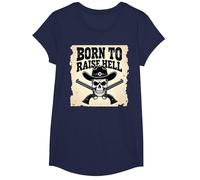 Born to Raise Hell: Cowboy Skull Outlaw Rebel Attitude T-Shirt, Girls, Navy, XS