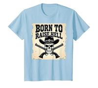 Born to Raise Hell: Cowboy Skull Outlaw Rebel Attitude T-Shirt, Kids, Baby Blue, 3 Years