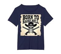 Born to Raise Hell: Cowboy Skull Outlaw Rebel Attitude T-Shirt, Women's Plus, Navy, 2X