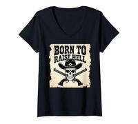 Born to Raise Hell: Cowboy Skull Outlaw Rebel Attitude V-Neck T-Shirt, Women, Black, S