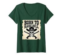 Born to Raise Hell: Cowboy Skull Outlaw Rebel Attitude V-Neck T-Shirt, Women, Forest Green, L