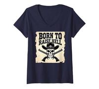 Born to Raise Hell: Cowboy Skull Outlaw Rebel Attitude V-Neck T-Shirt, Women, Navy, L