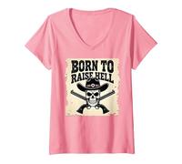 Born to Raise Hell: Cowboy Skull Outlaw Rebel Attitude V-Neck T-Shirt, Women, Pink, M