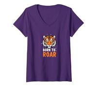 Born to Roar: Fierce Tiger Spirit for Adventurers V-Neck T-Shirt, Women, Purple, S