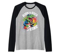 Born to Rock and Rawr Funny Dinosaur T Rex Guitar Music Kids Raglan Baseball Tee