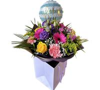 Born to Shine Baby Boy Flower Bouquet with Yellow Roses, Cerise Gerberas, Pink Carnations, Balloon for Birth Celebration, Baby Shower, Fresh Floral Occasions.