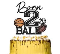 Born Two Ball Cake Topper, Basketball Football Soccer Themed Boy 2nd Birthday Party Decorations, Sport Theme Boy 2nd Birthday Cake Decoration Black Glitter