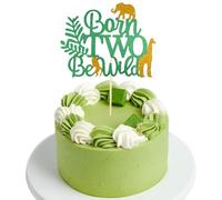 Born Two Be Wild Safari Cake Topper,Green & Gold Glitter 2nd Birthday Cake Decoration with Jungle Animals, Perfect for Boys Girls Safari Theme Birthday Party Supplies