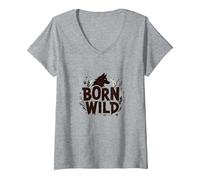 Born Wild: Wolf Silhouette Nature Lover Adventure V-Neck T-Shirt, Women, Heather Grey, S