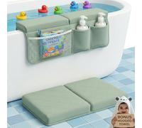Bornealand Knee Pad for Bathing Babies of 2 inch + Foldable Stool - Extra Thick Kneeling Pad for Bathing Baby - Bath Pads for Knees Baby - Bath Kneeler - Elbow and Knee Pads for Bathtime (Mint Green)