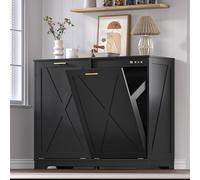 BORNOON Tilt Out Trash Can Cabinet with 2 Bins, Hidden Recycle Garbage Bin Enclosure, Wooden Double Laundry Cabinet with Odor Control, Negative Ion & Ozone, for Kitchen, Bathroom, Laundry Room (Black)