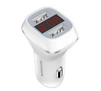 Borofone Car Charger with 2 USB-A ports and LCD Screen for Fast Charging, White