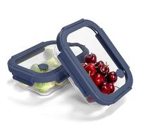 BOROHOUSE 2-Pack Glass Food Storage Containers with Tempered Lids (630ml/2.7cup) - Airtight Snap Lock, Microwave & Oven Safe (-20°C~510°C), Freezer to Baking Dish, BPA-Free, Gift Box（Blue）