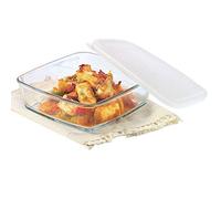 Borosil 500ml Baking & Serving Square Shape Dish with White Lid | Borosilicate Glass Bakeware and Serveware Tray | Microwave, Oven & Dishwasher Safe Bowl | Transparent