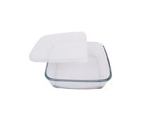 Borosil Baking & Serving Square Shape Dish with White Lid | Borosilicate Glass Bakeware and Serveware Tray | Microwave, Oven & Dishwasher Safe Bowl | Transparent (800 ml)