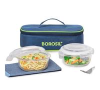 Borosil Klip n Store 400ml x 2 Round Container Lunchbox | Made in India Borosilicate Glass | Microwave & Dishwasher Safe | Tiffin for Office/School/College | Horizontal
