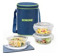Borosil Klip N Store Microwavable Containers with Lunch Bag, 400ml, Set of 3, Transparent