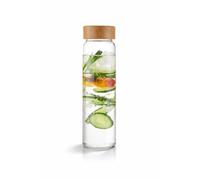 Borosilicate Glass Drinking Bottle, 1L Capacity with leak resistant Bamboo Lid, elegant, transparent, for Water, Beverages and Infused Drinks Storage.