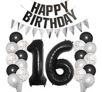 Borsgye 16th Birthday Party Decorations Set for Girl Boy Women Men Black HAPPY BIRTHDAY Letter Banner Silver Sparkly Glitter Traingle Banner Confetti Latex Balloons with Black Giant Number 16 Balloon