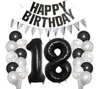 Borsgye 18th Birthday Party Decorations Set for Girl Boy Women Men Black HAPPY BIRTHDAY Letter Banner Silver Sparkly Glitter Traingle Banner Confetti Latex Balloons with Black Giant Number 18 Balloon