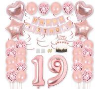 Borsgye 19th Birthday Party Decorations Rose Gold Happy Birthday Banner Latex Balloon Confetti Balloon Pink Crown Number Foil Balloon Hanging Swirl with Cake Topper for Boy Girl Men Women