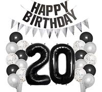 Borsgye 20th Birthday Party Decorations Set for Girl Boy Women Men Black HAPPY BIRTHDAY Letter Banner Silver Sparkly Glitter Traingle Banner Confetti Latex Balloons with Black Giant Number 20 Balloon