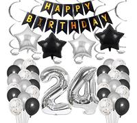 Borsgye 24th Birthday Party Decorations Set for Girl Boy Women Men Black HAPPY BIRTHDAY Letter Banner Foil Star Balloons Confetti Latex Balloons Hanging Swirl with Silver Giant Number 24 Balloon