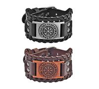 Borsgye 2PC Viking PU Leather Bracelet Mens Leather Cuff Bracelet Wide Leather Weave Bracelet Braided Medieval Bracelets Hip Hop Stainless Steel Bracelets - Compass