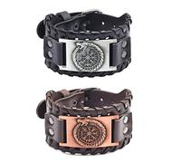 Borsgye 2PC Viking PU Leather Bracelet Mens Leather Cuff Bracelet Wide Leather Weave Bracelet Braided Medieval Bracelets Hip Hop Stainless Steel Bracelets - Chinese Dragon