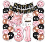 Borsgye 31st Birthday Party Decorations Black Gold Rose Happy Birthday Banner Latex Balloon Confetti Balloon Pink Crown Number Foil Balloon Hanging Swirl with Cake Topper for Boy Girl Men Women