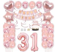 Borsgye 31st Birthday Party Decorations Rose Gold Happy Birthday Banner Latex Balloon Confetti Balloon Pink Crown Number Foil Balloon Hanging Swirl with Cake Topper for Boy Girl Men Women