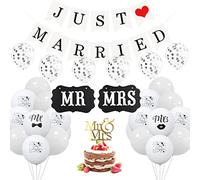 Borsgye 33PCS Just Married Banner Mr and Mrs Wooden Signs Letter Deco Set Printed Balloons Glitter Latex Balloons Gold Cake Toppers Reception Sign Garland for Table Bridal Decorations Supplies