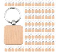 Bortivier 100Pcs DIY Blank Wooden Key Chain Square Carved Key Ring Wooden Key Ring About 40 x 40 mm