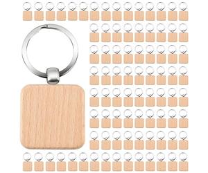 Bortivier 100Pcs DIY Blank Wooden Key Chain Square Carved Key Ring Wooden Key Ring About 40 x 40 mm