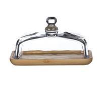 Bortivier Bamboo Butter Dish with Glass Lid - Clear Butter Tray for Refrigerator&Counter for Butter,Block of Cream Cheese&Serving
