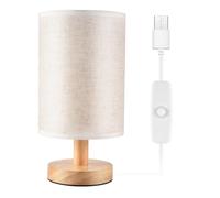 Bortivier DC5V Round Bedside Table Lamp Nightstand Lamp with Fabric Shade and Solid Wood for Bedroom, Living Room Modern Office