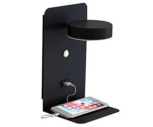 Bortivier Reading Wall Light with USB Port Charging Rack Bedside Lamp with Switch -Black