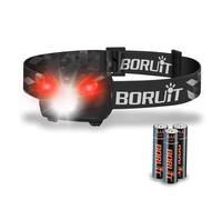 BORUIT BR01 LED Head Torch, AAA Battery Powered Headtorch with Red & White Light, Super Bright Compact Headlamp, 4 Modes, IP66 Waterproof, Lightweight for Camping, Running, Hiking
